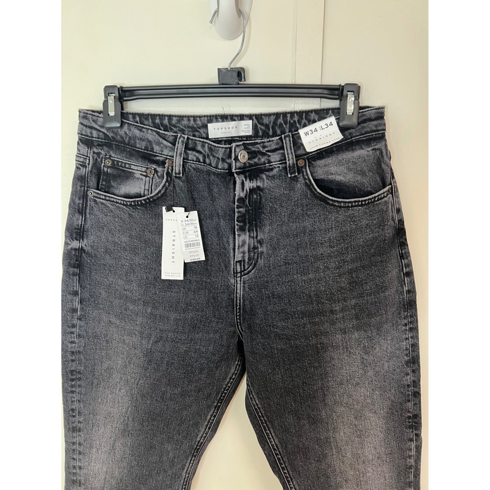 Topshop High Waisted Straight Leg Jeans Washed Black Raw Hem W34 L34 US 12
